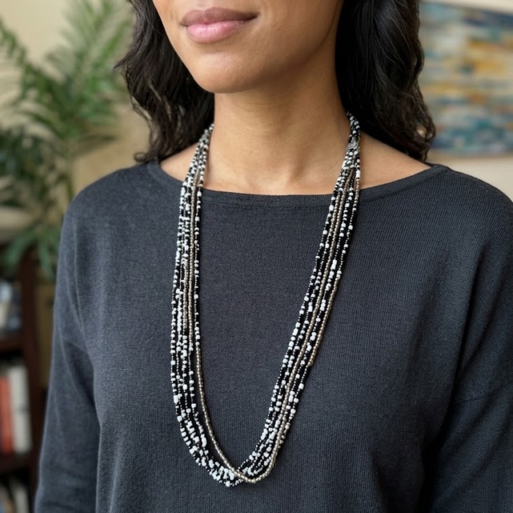 Multi Strand Beaded Necklace Black White Layered Boho